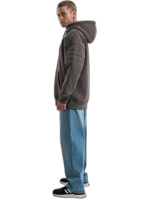 Zamerya Erkek Nakışlı Kapüşonlu Oversize 3 Iplik Pamuklu Sweatshirt Hoodie - Füme