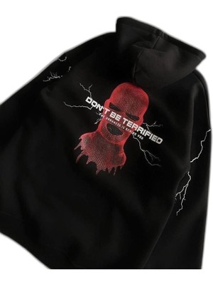 Zamerya Kadın Kapüşonlu Kanguru Cepli Sweatshirt 3 Iplik Pamuklu Baskılı Hoodie - Siyah