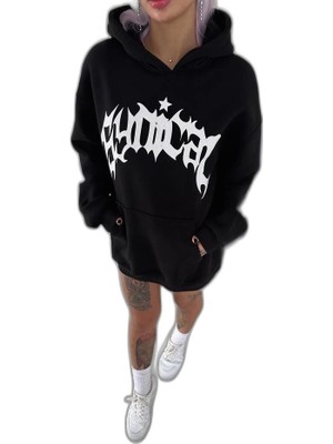 Zamerya Kadın Oversize Kapüşonlu Cepli Baskılı 3 Iplik Pamuklu Hoodie Sweatshirt - Siyah