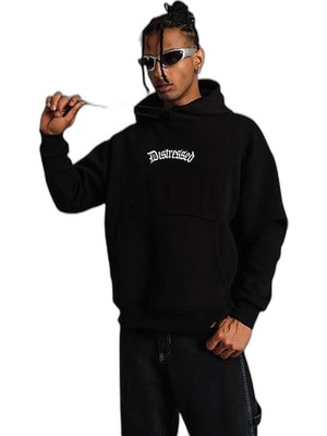 Zamerya Erkek Baskılı Kapüşonlu 3 Iplik Pamuklu Hoodie Sweatshirt - Siyah