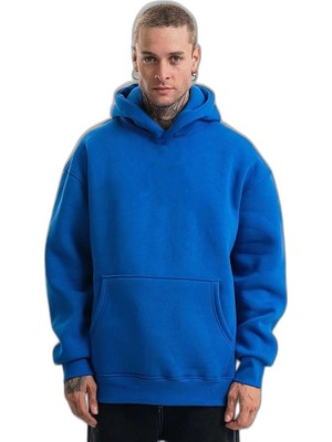 Zamerya Erkek Oversize 3 Iplik Pamuklu Kapüşonlu Kanguru Cepli Hoodie Sweatshirt - Saks Mavisi
