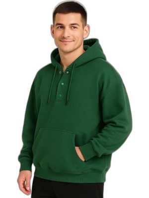 Zamerya Erkek Kapüşonlu Hoodie Cepli Çıtçıtlı 3 Iplik Pamuklu Sweatshirt - Haki