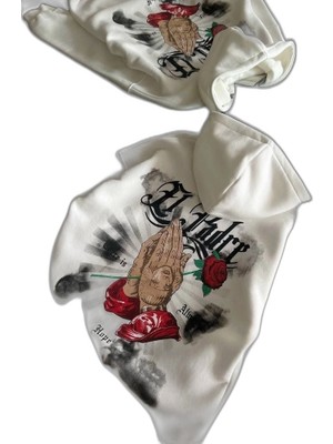 Zamerya Kadın Oversize Kapüşonlu Cepli Baskılı 3 Iplik Pamuklu Hoodie Sweatshirt - Beyaz