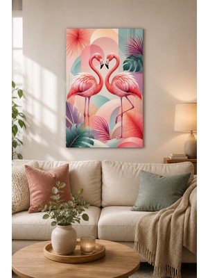 Mythog Flamingo Çifti Baskılı Cam Tablo – Pastel Modern Dekoratif Duvar Tablosu