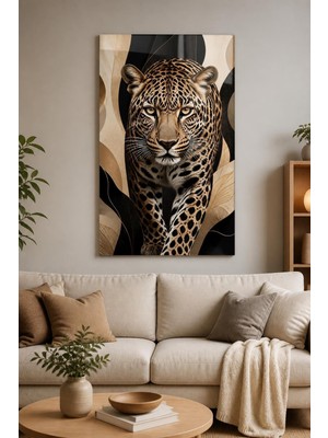 Mythog Leopar Portre Baskılı Cam Tablo – Bej Siyah Modern Duvar Dekoru