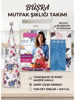 Büşra Mutfak Şıklığı Takımı – Havlulu Mutfak Önlüğü ve Jakarlı Kadife Havlu Seti