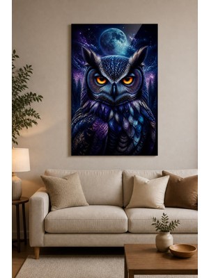 Mythog Baykuş Desenli Baskılı Cam Tablo – Gizemli Gece Uv Baskı Duvar Dekoru
