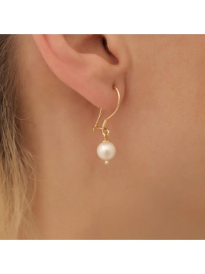 Nox Jewelry 14 Ayar Altın Kaplama 925 Ayar Gümüş 8 mm Yuvarlak İnci Sallantılı Kadın Küpe-EP00129
