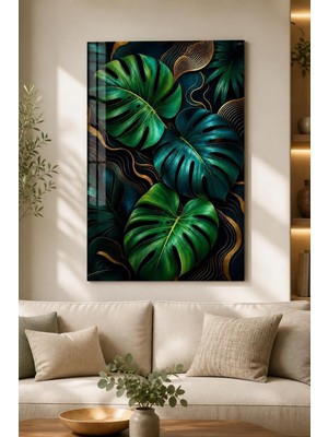 Mythog Monstera Yapraklı Baskılı Cam Tablo – Altın Çizgili Modern Duvar Dekoru