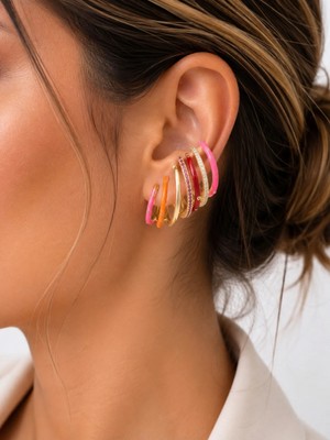 Poseidons Jewellery Gold Renk Renkli Taş Detaylı Çoklu Halka Cuff Küpe