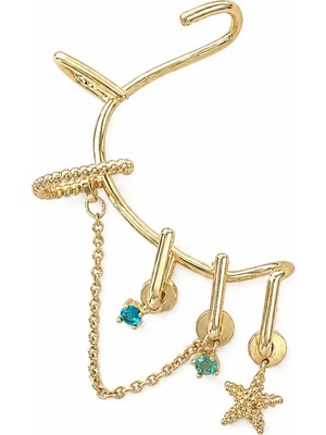 Poseidons Jewellery Gold Renk Deniz Yıldızı ve Turkuaz Taş Detaylı Zincirli Kulak Earcuff