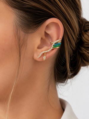 Poseidons Jewellery Gold Renk Turkuaz Yeşil Detaylı Zirkon Taşlı Sallantılı Kulak Manşeti