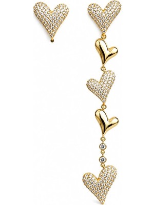 Lovecharm Gold Kalp Asimetrik Küpe Seti – Zirkon Taşlı Sallantılı & Sallantısız Şık Kadın Küpe