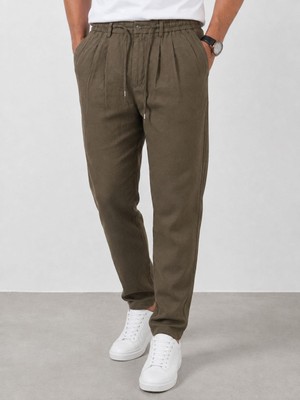 Yazı Keten Erkek Beli Bağlamalı Casual Jogger Pantolon 7734