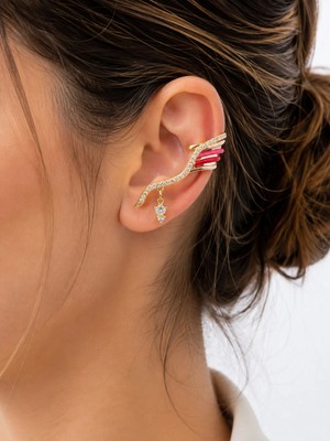 Lovecharm Gold Renk Pembe Kırmızı Taş Detaylı Kristal Taşlı Şık Kulak Manşeti