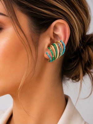 Hector&Co. Jewellery Gold Renk Yeşil & Turkuaz Taşlı Çoklu Halka Cuff Küpe
