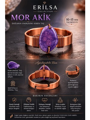Erilsa Sertifikalı Açık Mor Akik Taşı Bakır Kasa Ayarlanabilir El Yapımı Doğal Taş Yüzük