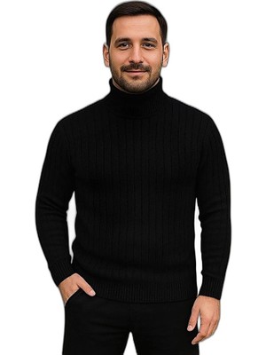 YM PAZARLAMA Erkek Tam Boğazlı Balıkçı Yaka Triko Kazak Kalın Fitilli - Siyah