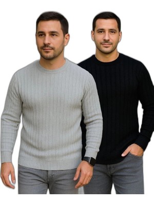 YM PAZARLAMA Erkek Fitilli Triko Kazak 2’li Set Siyah Gri Kalın Dokuma Pamuklu Regular Fit Bisiklet