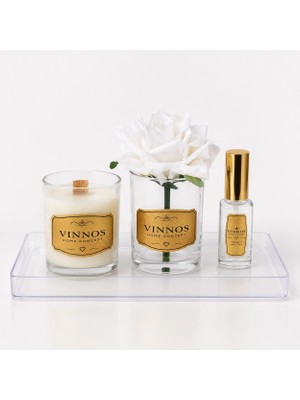 Vinnos Home & Concept Tekli Beyaz Gül, Balmumu Mum ve 30 ml Parfüm Kutulu Hediye Seti