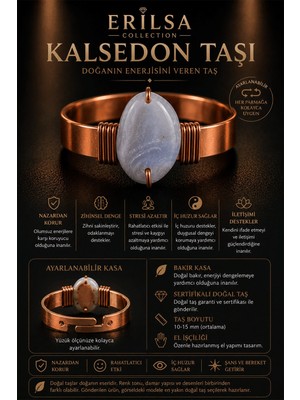 Erilsa Sertifikalı Kalsedon Taşı Bakır Kasa Ayarlanabilir El Yapımı Doğal Taş Yüzük