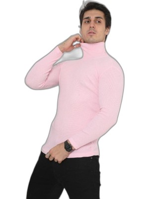 YM PAZARLAMA Erkek Fitilli Kaşkorse Kumaş Boğazlı Full Likralı Slimfit Body - Toz Pembe