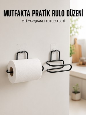 2’li Siyah Metal Rulo Kağıt Tutucu Yapışkanlı Banyo ve Mutfak Kağıtlık - Lisinya