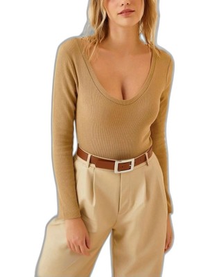 YM PAZARLAMA Kadın Fitilli Likralı Body Crop - Camel
