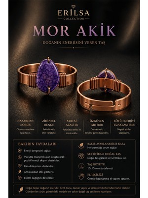 Erilsa Sertifikalı Mor Akik Taşı Bakır Kasa Ayarlanabilir El Yapımı Doğal Taş Yüzük