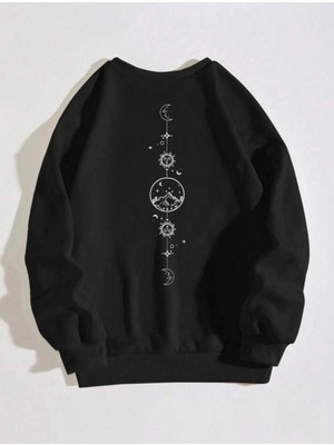 Tarzsokak Unisex Ay Güneş Dünya Sırt Baskılı Sweatshirt Siyah