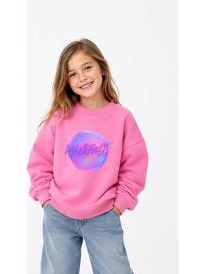 Fasardi Manifest Girls M6nifestgirls Baskılı Oversize Şardonsuz Uzun Kollu Kız Çocuk Sweatshirt
