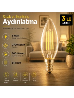 Repplam Horoz 6 Watt Sarı Işık E14 Duylu Rustik Ampul 700 Lümen Avize Ampulü İnce Duylu Mum Ampul