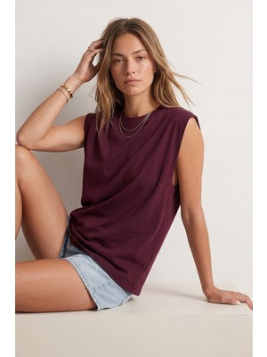 elemge %100 Pamuk Süprem Tok Kumaş Kadın Oversize Bordo T-Shirt Geniş Omuzlu Dökümlü Kolsuz Bol Kalıp Compact Penye