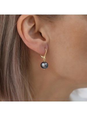 Nox Jewelry 14 Ayar Altın Kaplama Tavus Kuşu Tonlu Siyah Tatlı Su İncili Sallantılı Kadın Gümüş Küpe
