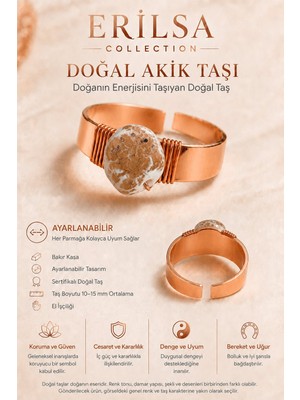 Erilsa Sertifikalı Doğal Akik Taşı Kahverengi Bakır Kasa Ayarlanabilir El Yapımı Yüzük