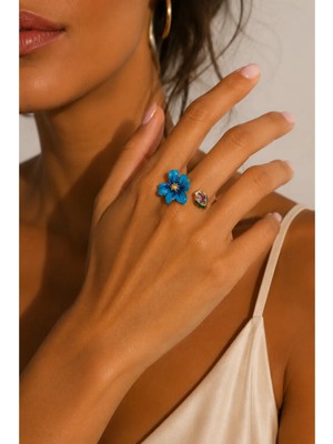 Hector&Co. Jewellery Kadın Mavi Çiçek & Mor Taş Detaylı Altın Kaplama Açık Tasarım Yüzük ✨