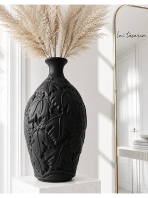 Lui Tasarım Vazo Ev Dekorasyon Seramik Siyah Renk Xl Büyük Boy Yapay Kuru Çiçek Pampas Vazosu Yaprak Desen Uzun Vazo 40 cm
