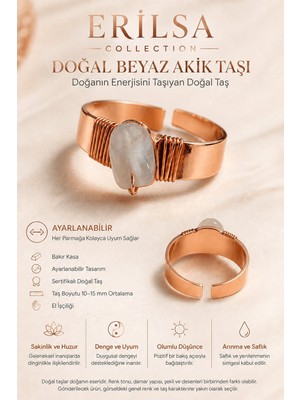 Erilsa Sertifikalı Beyaz Akik Taşı Bakır Kasa Ayarlanabilir El Yapımı Doğal Taş Yüzük