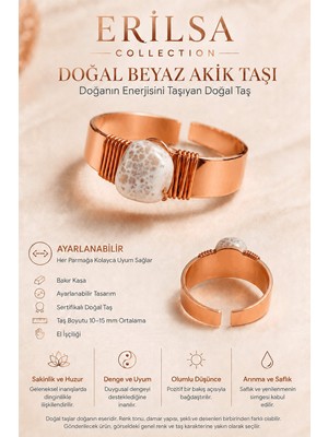 Erilsa Sertifikalı Beyaz Benekli Akik Taşı Bakır Kasa Ayarlanabilir El Yapımı Doğal Taş Yüzük