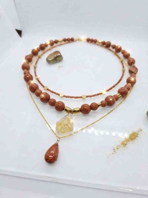 Shine Elagance Doğaltaş Yıldız Taşı Kalp Hematit Çelik Zincir Ucunda Damla Yıldız Taşı Iri Boy Yıldız Taşı Altın Rengi Hematit Taşı Ucunda Sitrin Taşı 3'lü Kadın Kolye Set
