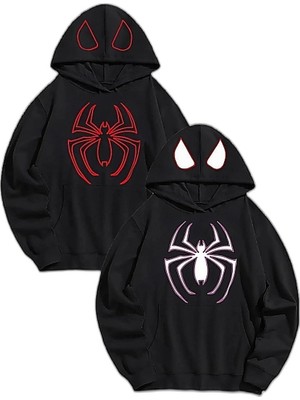 Zamerya Sevgili Çift Kombini Örümcek Baskılı Kapüşonlu Sweatshirt Hoodie - Siyah