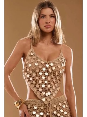 Liyuza Kadın Bej Payetli Tek Üst Crop-Üst Bikini Üstü-Plaj Giyim Yazlık Festival Rave Party Kombin