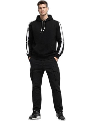 Zamerya Erkek Şeritli Kapüşonlu Sweatshirt Oversize 3 Iplik Pamuklu Hoodie - Siyah