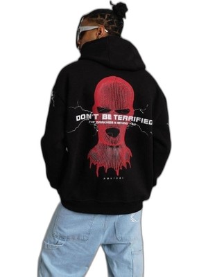 Zamerya Erkek 3 Iplik Pamuklu Kapüşonlu Baskılı Cepli Oversize Sweatshirt Hoodie - Siyah