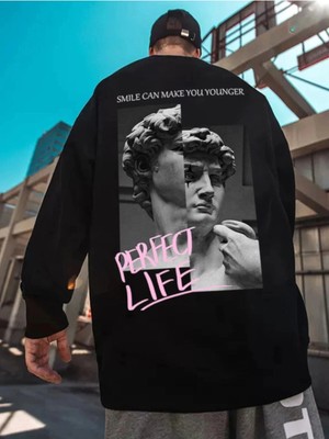Tarzsokak Unisex Kadın/erkek Siyah Perfect Life Oversize Bisiklet Yaka Pamuklu Sweatshirt