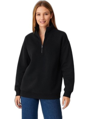 Zamerya Kadın 3 Iplik Pamuklu Dık Yaka Yarım Fermuarlı Sweatshirt - Siyah