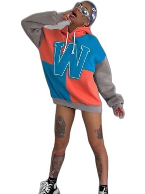Zamerya Kadın W Nakış Işlemeli Kapüşonlu 3 Iplik Pamuklu Parçalı Sweatshirt Hoodie - Mavi