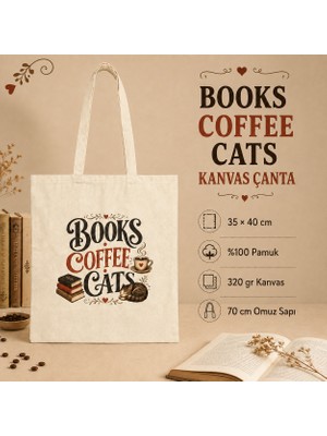 Tişört Kodu Books Coffee Cats Baskılı Ham Kanvas Bez Çanta – 35×40 cm
