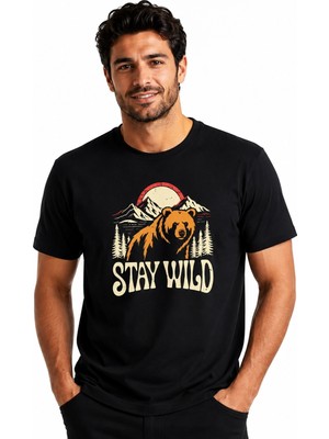 Etifa Tekstil Etifa Stay Wild Ayı Baskılı Siyah Unisex Tişört %100 Pamuk Premium Outdoor T-Shirt