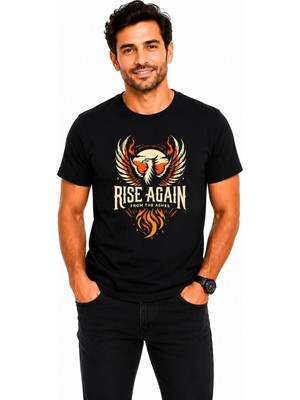Etifa Tekstil Etifa Rise Again Kartal Baskılı Siyah Unisex Tişört %100 Pamuk Premium T-Shirt